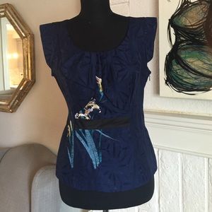 Anthro Navy Blouse with Embroidered Florals